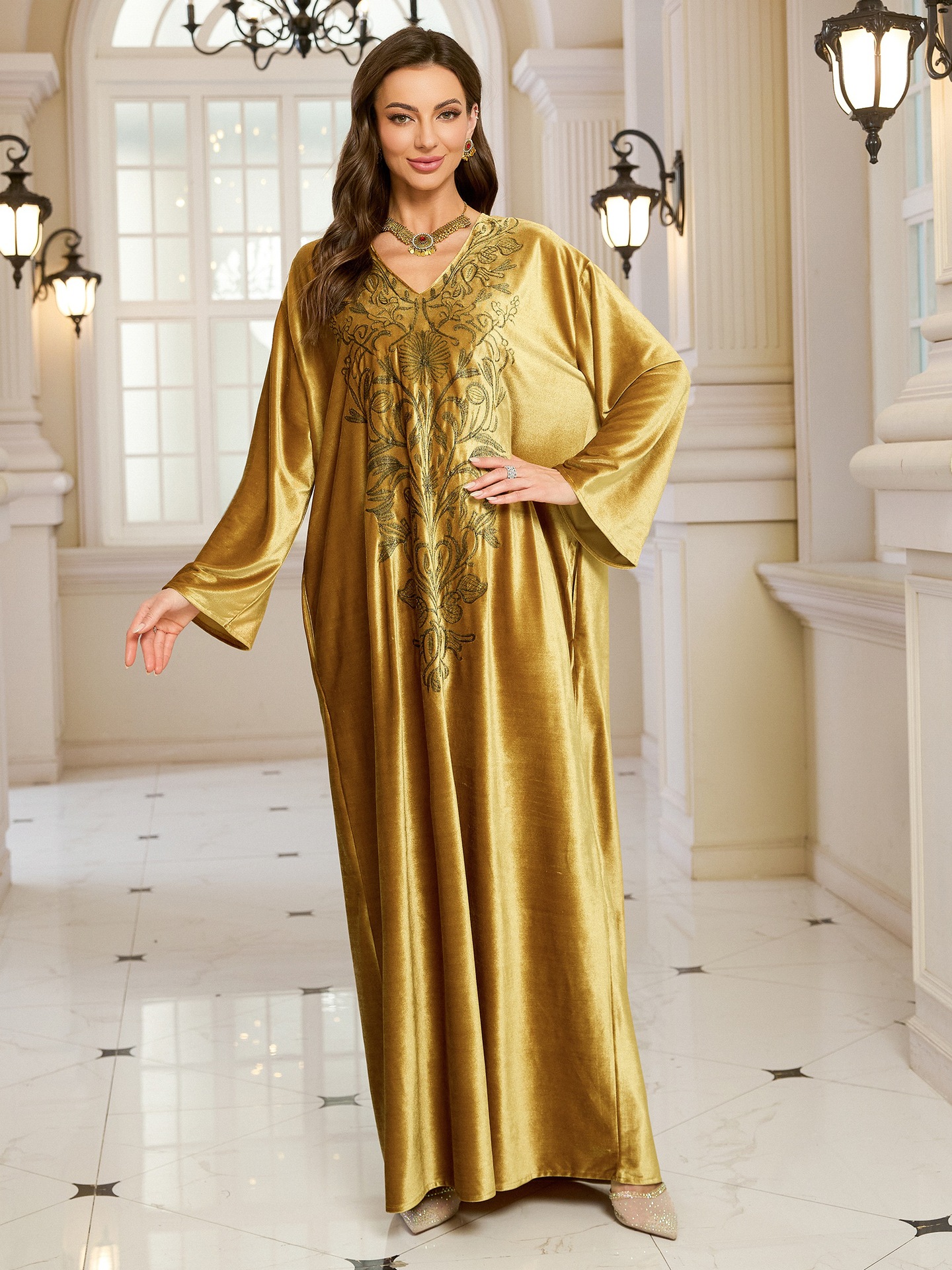 Elegant Embroidered Kaftan Dress Beach Bathing Suit Cover up Long Maxi Dress